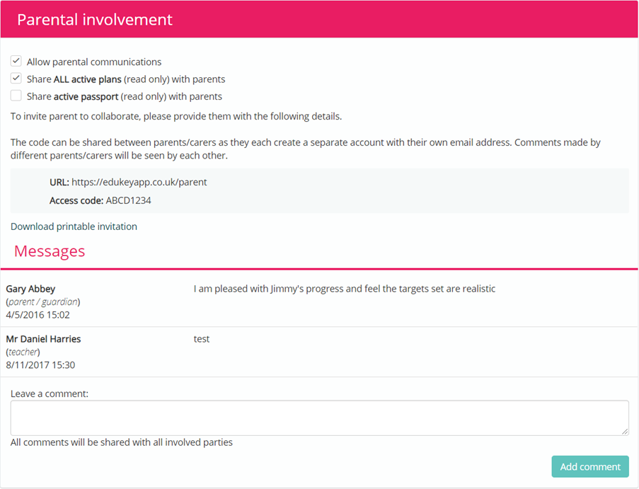Provision Map parental involvement example