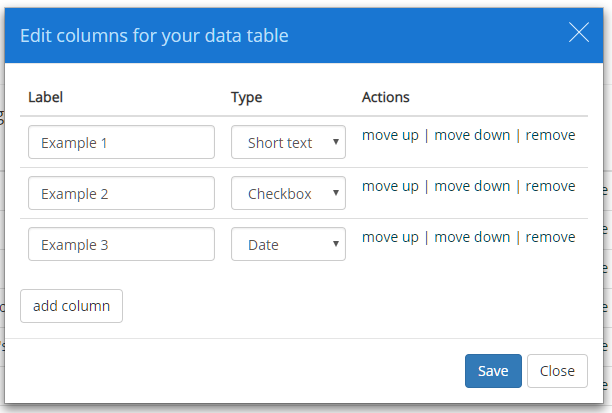 Provision Map edit columns popup