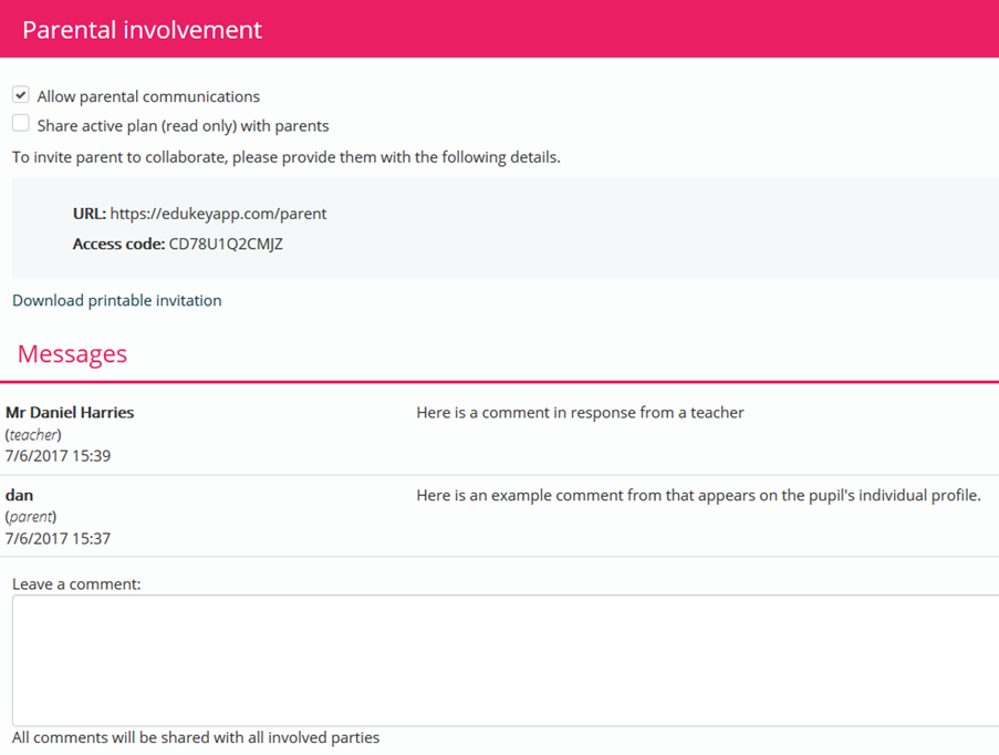 Provision Map parental involvement example