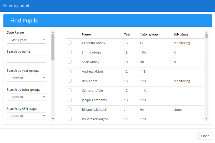 Provision Map pupil filter popup