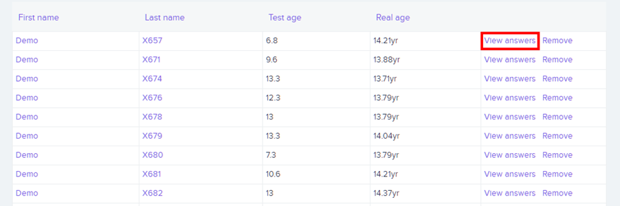pupil results table view in LAO