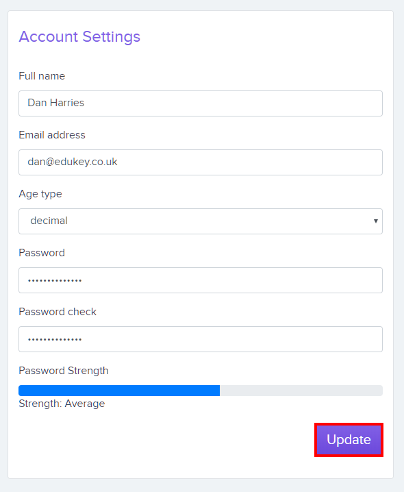 udpate account details image in Literacy Assessment Online