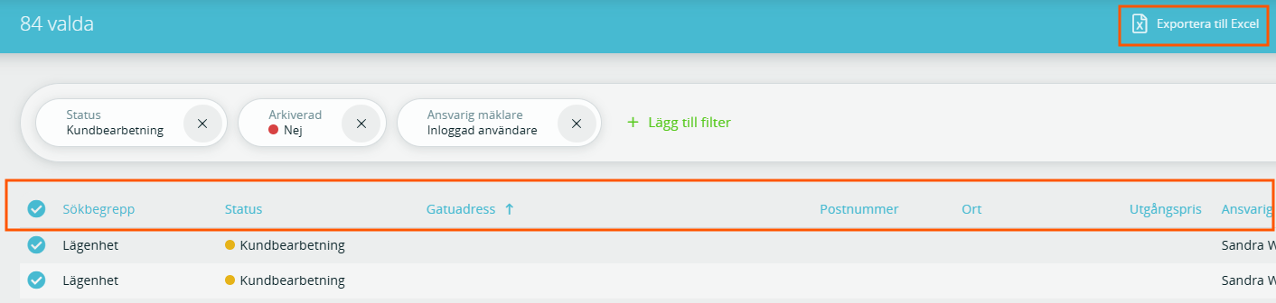 Bildtext: Gränssnittsvy över objektlistan och menyn som syns när du har markerat samtliga objekt genom att klicka i den översta ringen.