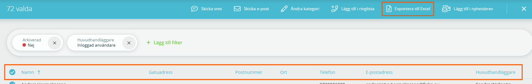Bildtext: Gränssnittsvy över kontaktlistan när du har markerat alla kontakter och får fram menyn för att exportera till excel.