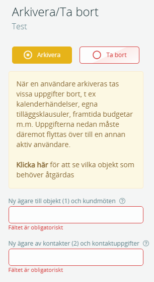 Gränssnittsvy över menyn som visas när man ska arkivera en användare.