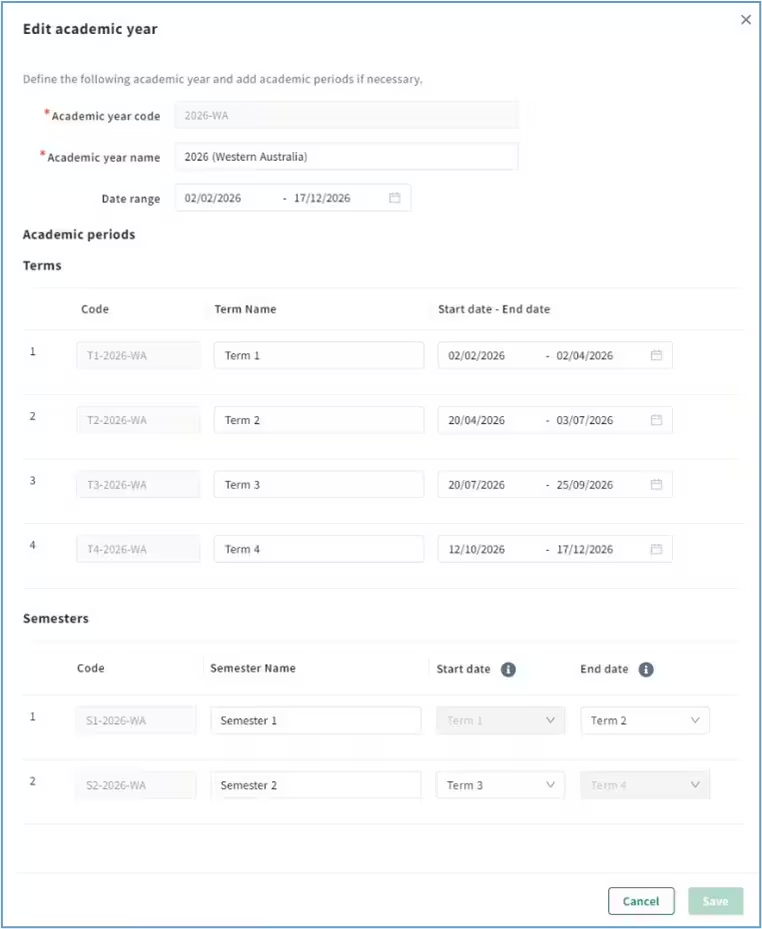 Edit academic year modal with year code, name and start end dates to save term of semester settings.