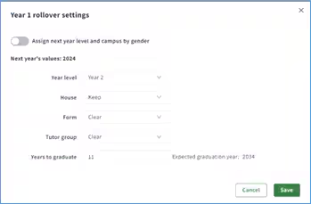 Year 1 rollover settings modal with vertical drop down menus and a green save button.