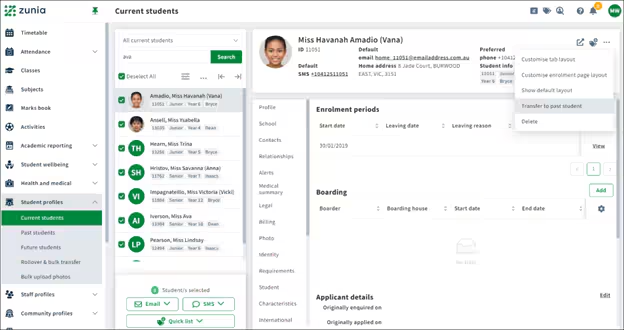 Screen view of a current student profile with the 3 dots drop down menu showing 'tranfer to past student' option selected.