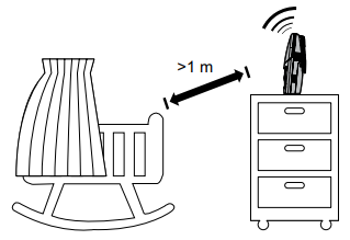 Schematische Darstellung eines Aufstellortes mit Hinweis einen Minimalabstand von 1m zum Babybett einzuhalten.