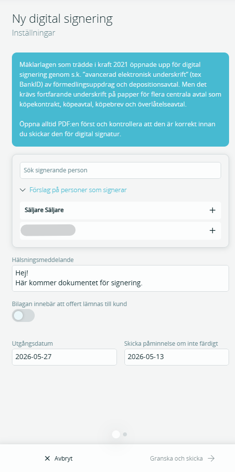 Bildtext: Gränssnittsvy för en ny digital signering och val av signerande parter, meddelande och andra inställningar för digital signering.