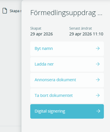 Bildtext: Gränssnittsvy över valet för digital signering på ett dokument som är en pdf.
