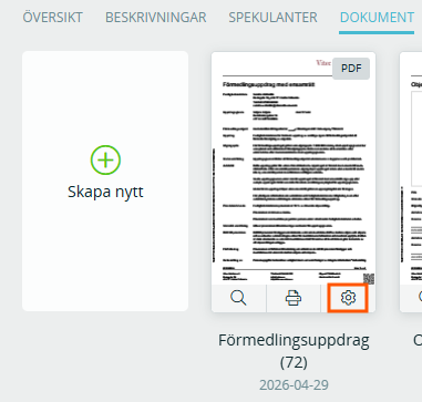 Bildtext: Kugghjulet där man väljer inställningar för dokumentet är markerad.