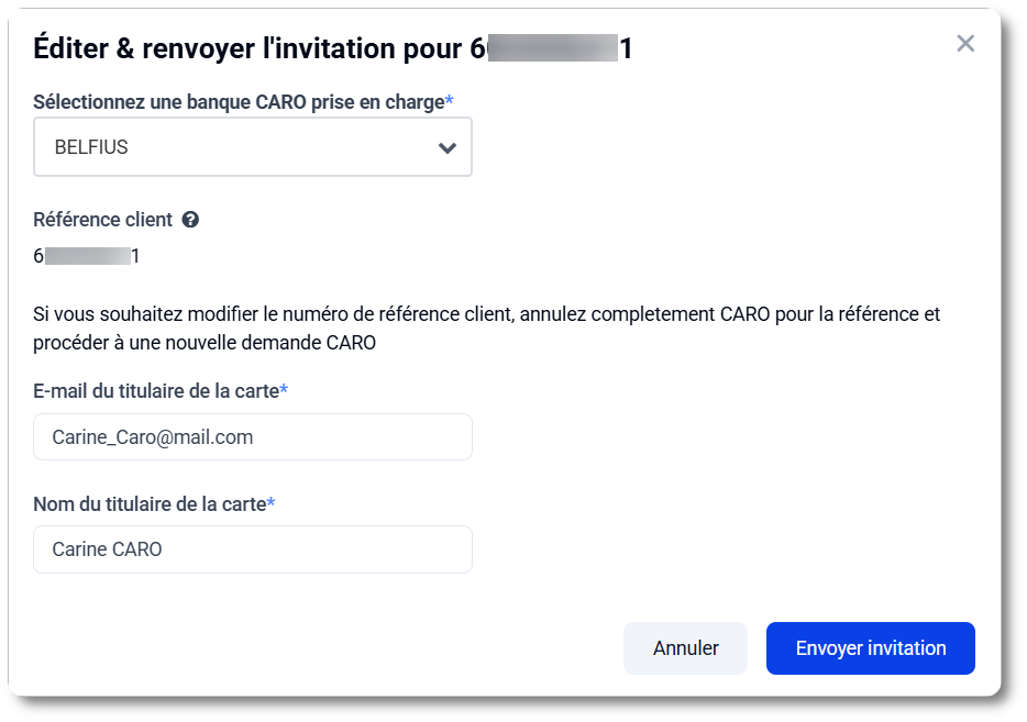 CARO : modifier les données et renvoyer l'invitation