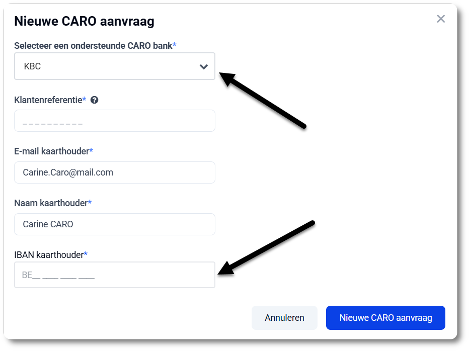 Bestel CARO voor een KBC-rekening en vul het formulier in