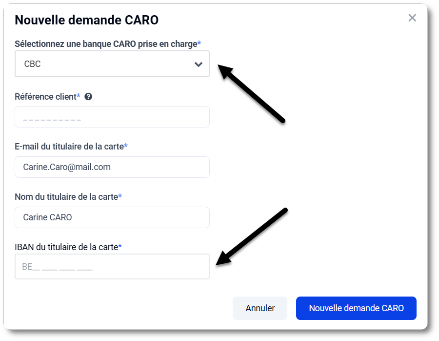 Commander CARO pour un compte KBC et compléter le formulaire