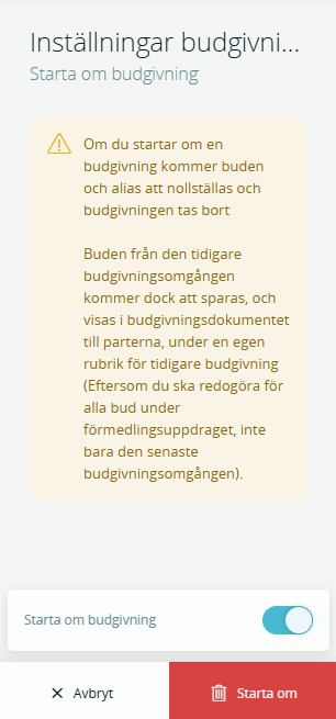 Bildtext: Gränssnittsvy över inställningarna för budgivning. Inforuta som talar om vad som händer när man startar om budgivningen. 