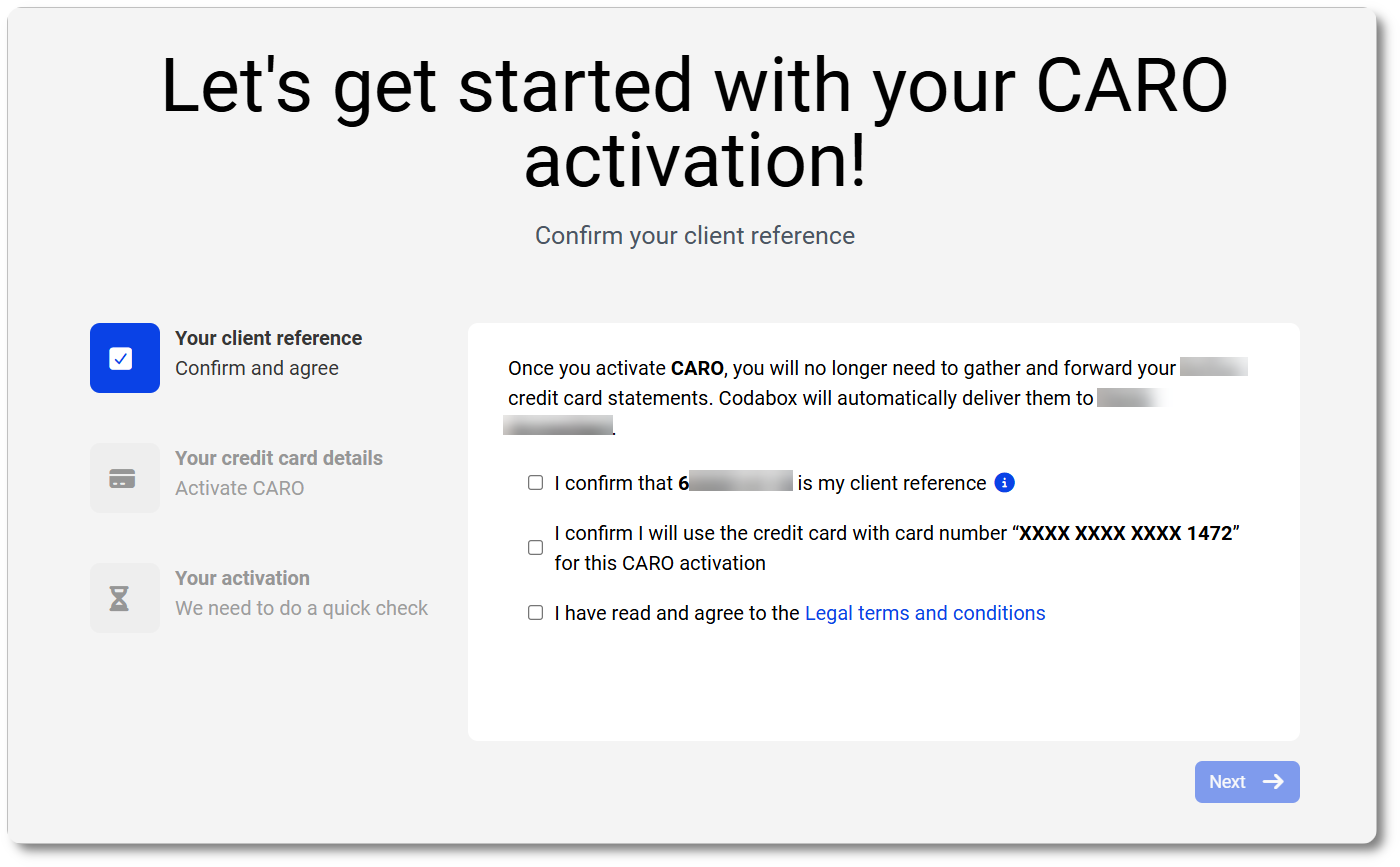 CARO activation: welcome page