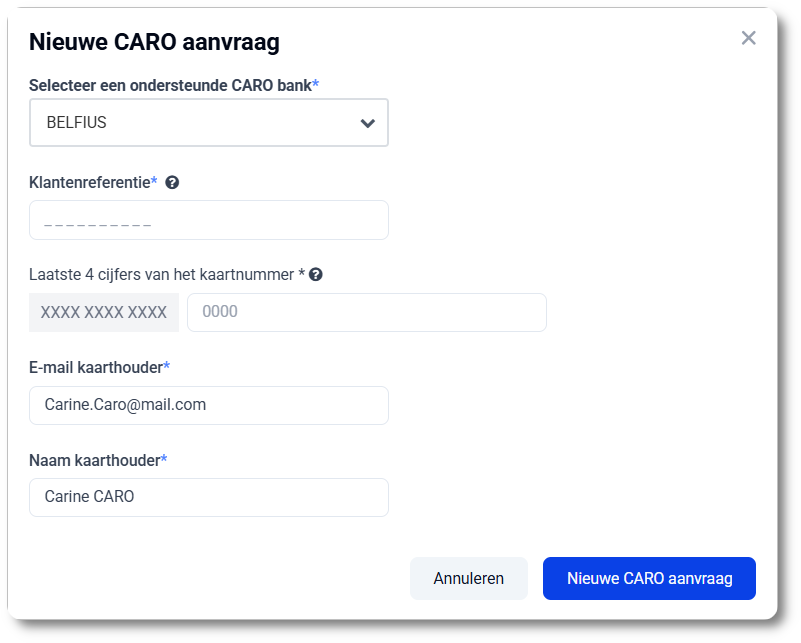 CARO aanvraag met laatste 4 cijfers van de kredietkaart