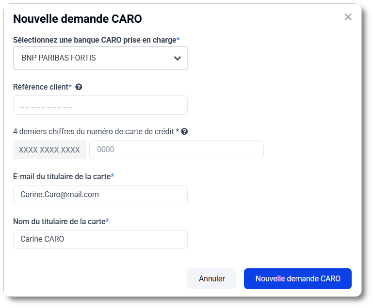 Commander CARO: les 4 derniers chiffres du numéro de la carte