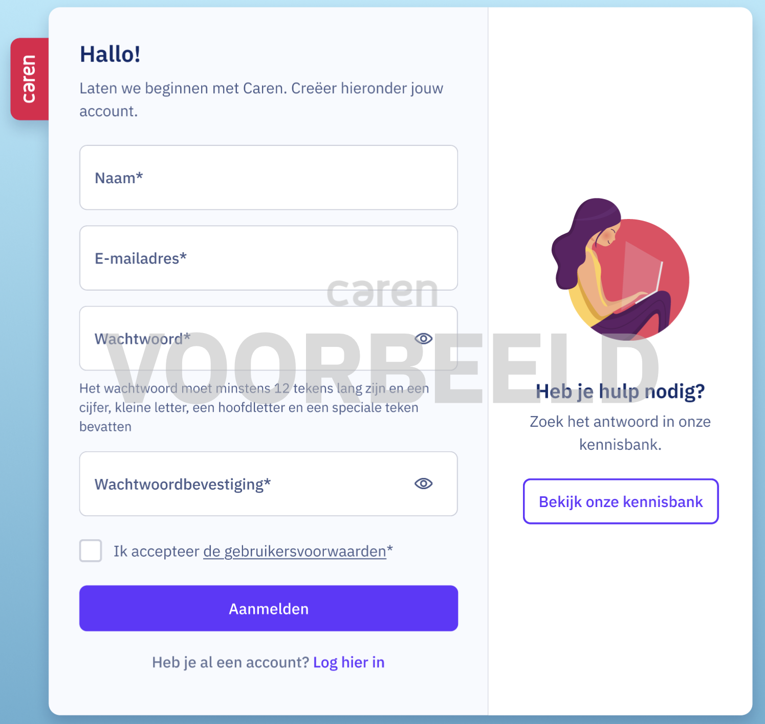 Scherm voor account aanmaken in Caren