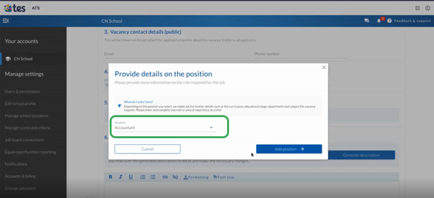 A modal in the Tes ATS showing a Position type field with Accountant selected.