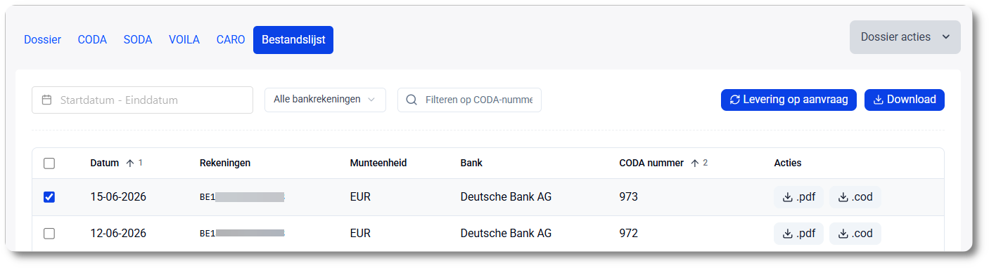 CODA bestandslijst: overzicht