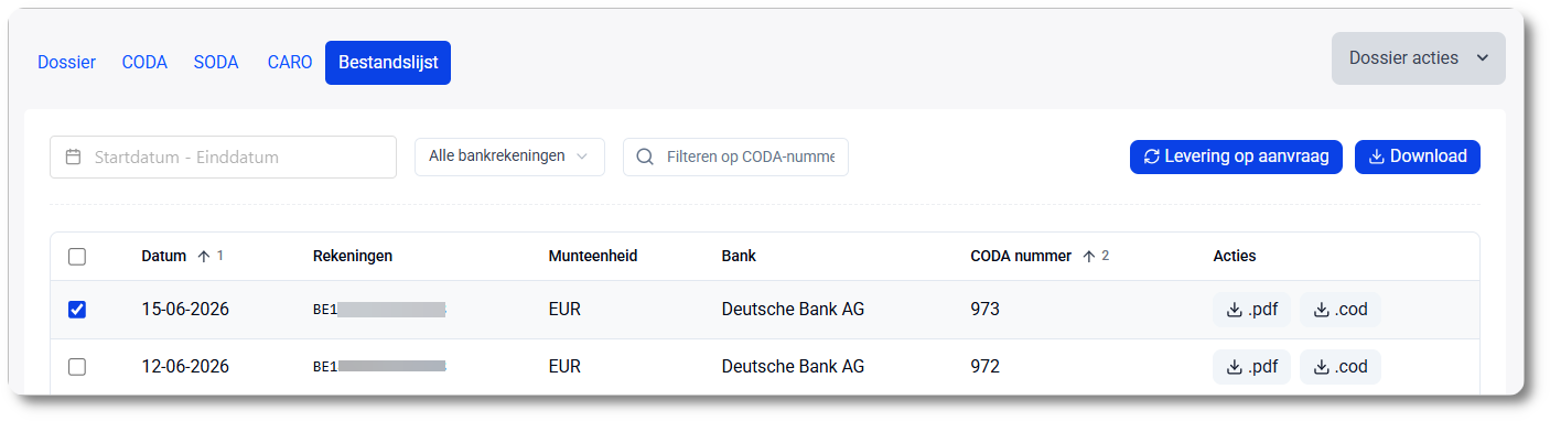 CODA bestandslijst: overzicht