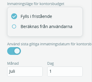Bildtext: Gränssnittsvy som visar inställningarna för Budget och var man fyller i sista giltiga inmatningsdatum för kontorsbudget.