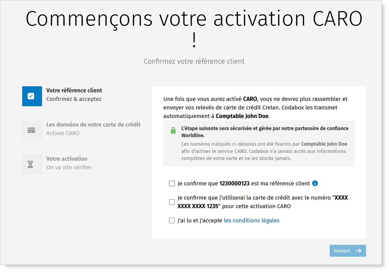 Page de bienvenue accord client pour l'activation de CARO de Codabox
