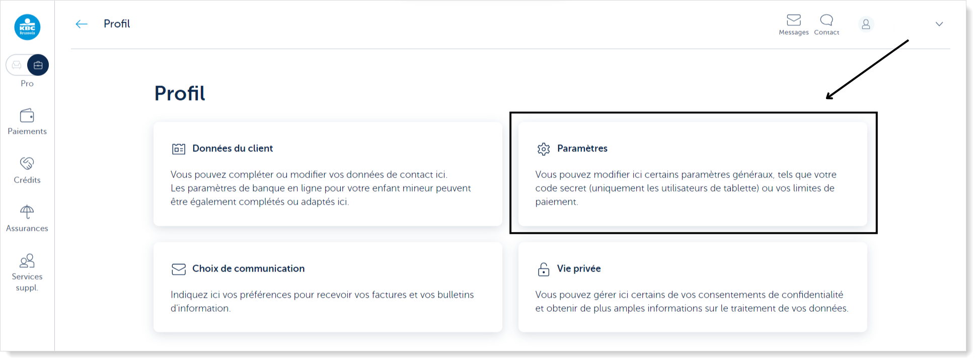 La vignette Paramètres dans KBC Touch