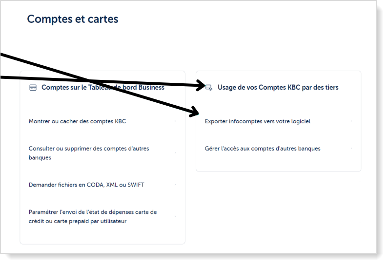 Sélectionnez Comptes et cartes, exporter infocomptes vers votre logiciel