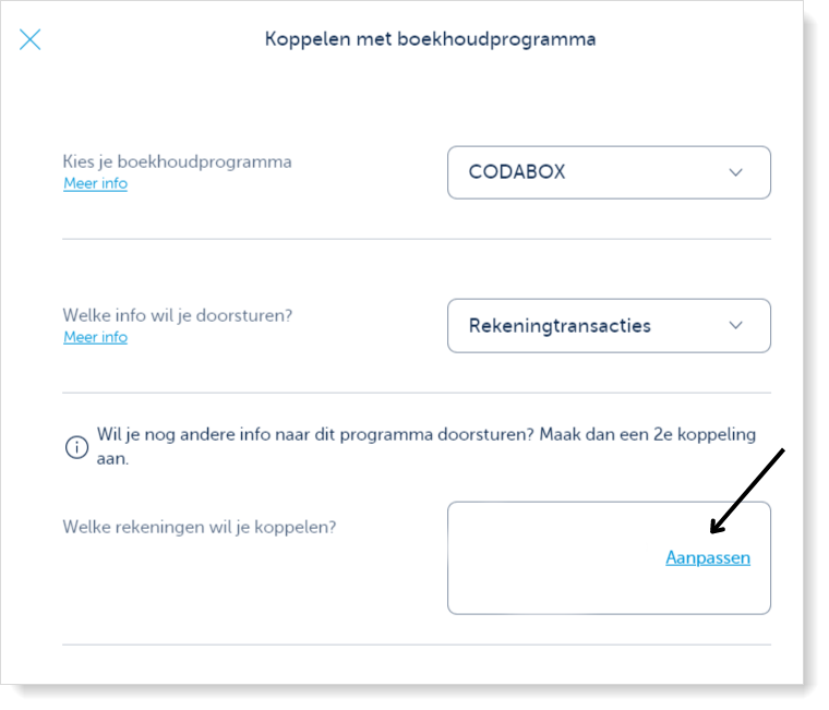 Koppelen met boekhoudprogramma, klik op aanpassen
