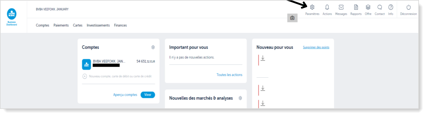 Tableau de Bord Business de KBC, cliquez sur parametrès