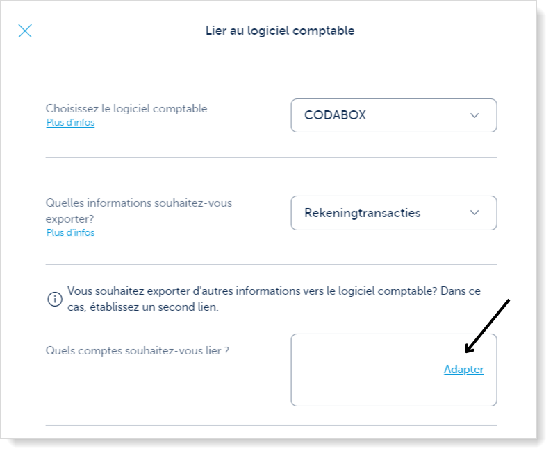 Lier au logiciel comptable, sélectionnez Codabox, sélectionnez Transactions en comptes, cliquez sur Adapter