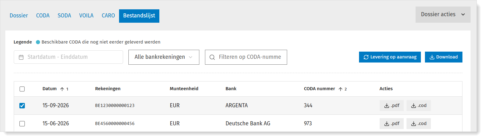 CODA bestandslijst: overzicht