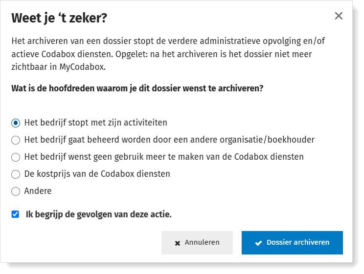 Bevestig de archivering van het dossier via MyCodaBox