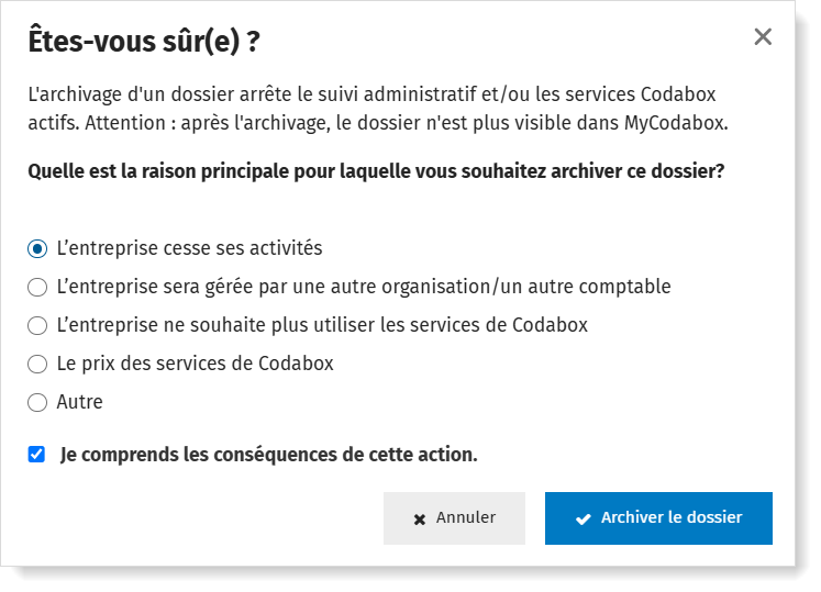 Confirmer: archiver le dossier via MyCodaBox