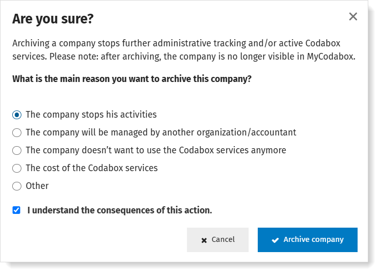 Confirm archiving the company via MyCodaBox