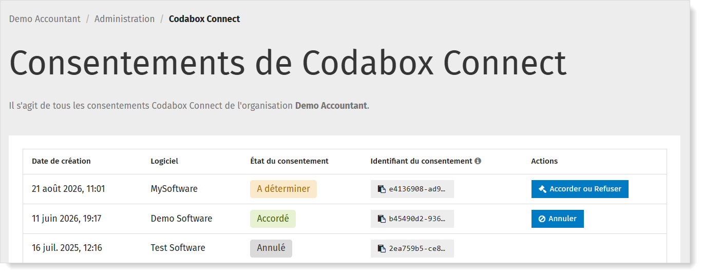 Codabox Connect aperçu des consentements