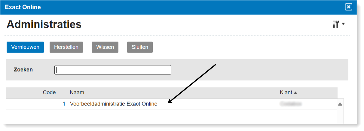 Exact Online - Administratie selecteren
