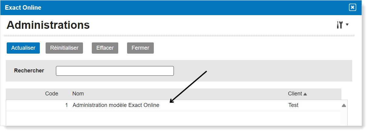 Exact Online - sélectionner administration