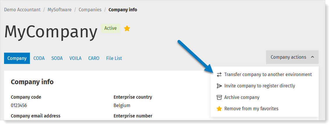 Transfer a company to another environment in MyCodabox