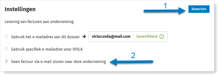 VOILA instellingen voor levering van facturen via mail