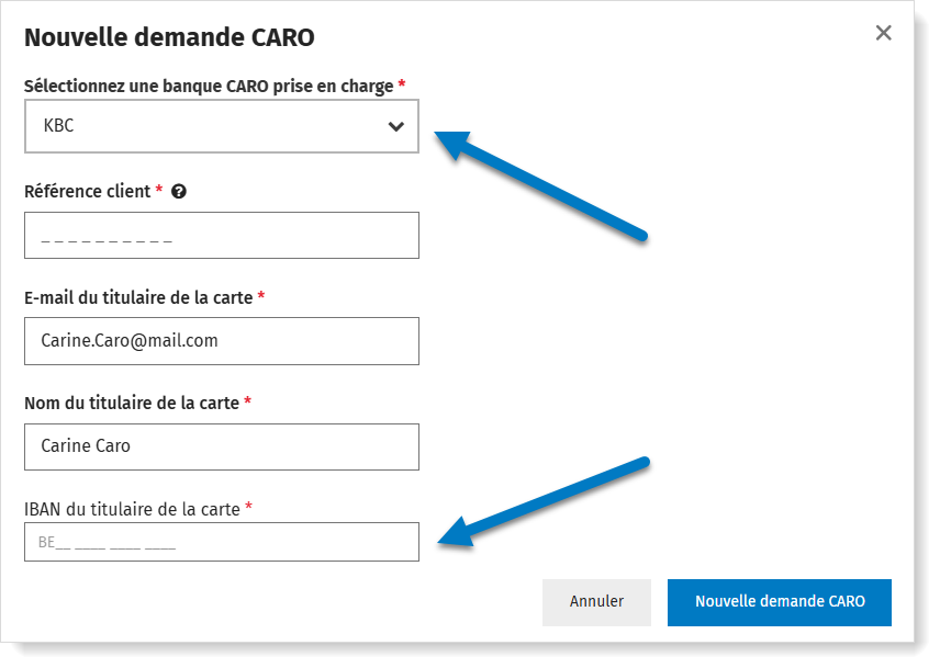 Demander CARO - introduire IBAN