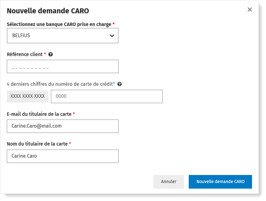 Commander CARO: les 4 derniers chiffres du numéro de la carte