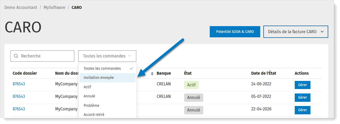 Filtrer les commandes CARO par état 
