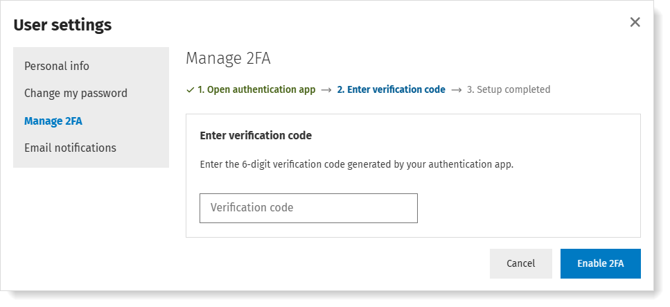 Enable 2FA verification code