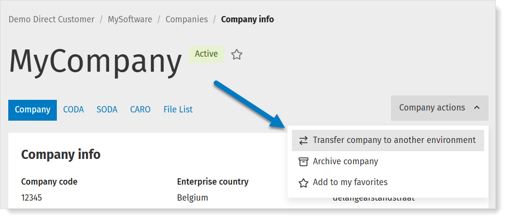 Transfer a company to another environment in MyCodabox