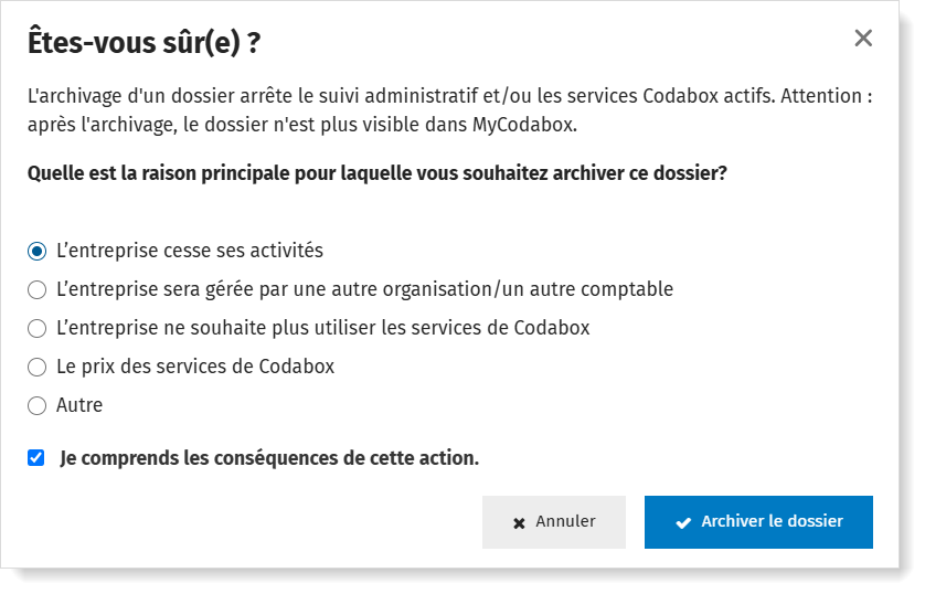 Confirmer l'archivage d'un dossier via MyCodaBox