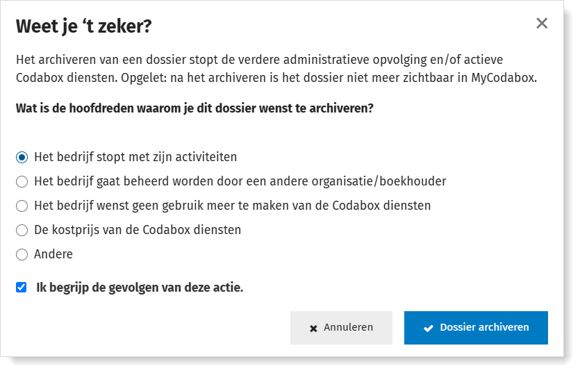 Bevestig de archivering van het dossier via MyCodaBox